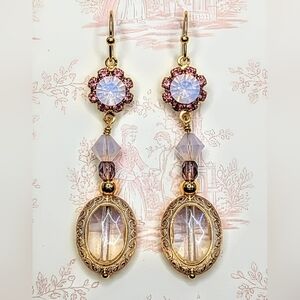 Victorian Swarovski  Pink Flower Crystal W/ Pink Opaline In Gold Plated Earrings